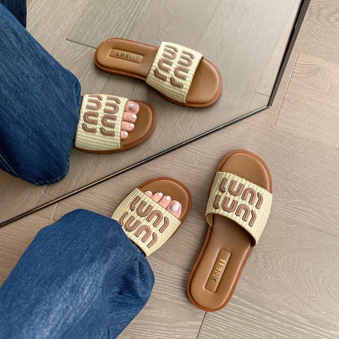 المحطة الأوروبية 2025 صيف جديد وصول المنسوجة خط واحد النعال للنساء أبلى عادية مضفر الشقق صنادل شاطئ للنساء #2