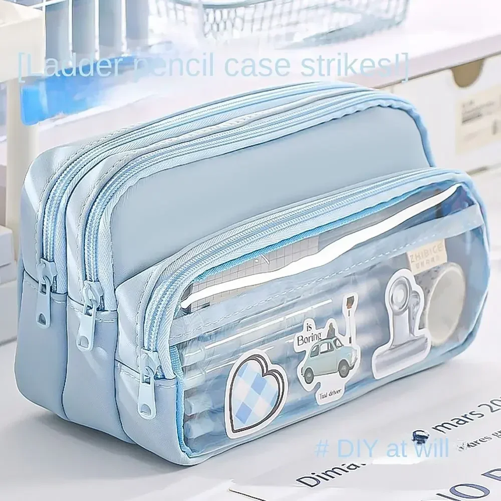 Multilayers Pencil Case Transparent Partition Large Capacity Staircase Style Stationery Storage Pouch Student Pen Bags Supplies