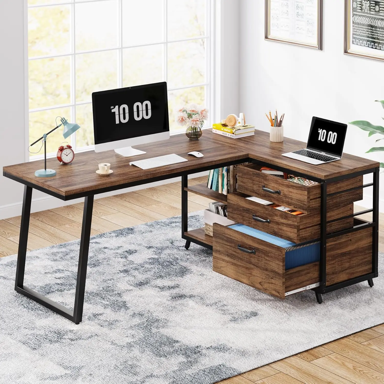 Industrial Rustic Brown L-Shaped Computer Desk with 3 Drawers 53-Inch Corner Home Office Desk Space-saving Workstation