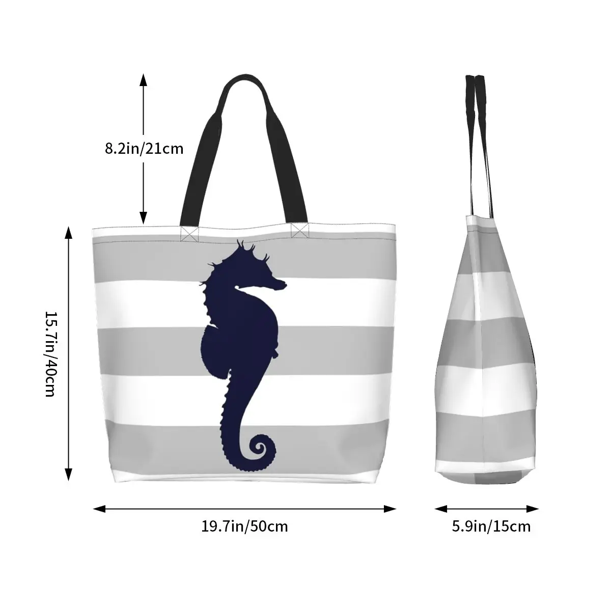 Nautical Navy Blue Seahorse On Silver Gray Stripes Shopping Tote Bag Canvas Shoulder Bags Shopper Grocery Handbag for Women