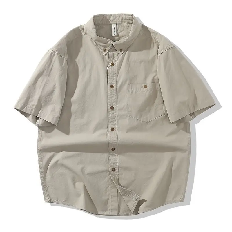 Beige Cotton Oversized Shirt for Men Summer Casual Loose-Fit Short Sleeve Button-Down Minimalist Literary Lapel Shirt BlouseTop