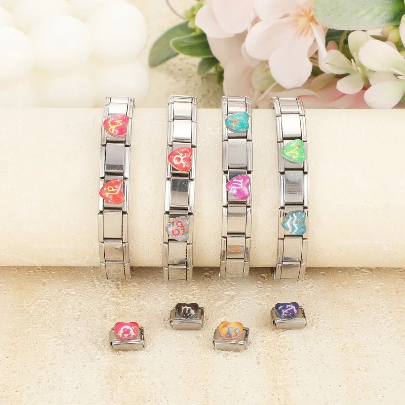 Cute 3D Colorful Heart 12 Zodiac Signs Italian Charm Links Fit 9MM Stainless Steel Bracelet Jewelry Women Men DIY Making Gift