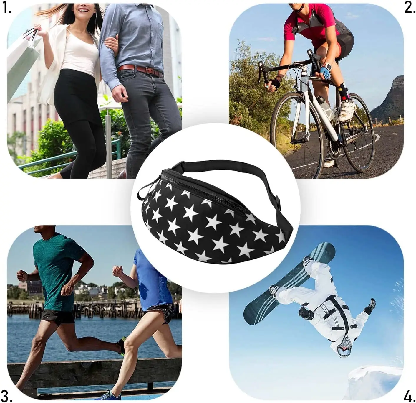 Star Black and White Fanny Packs for Women Mens Adjustable Waist Bag Crossbody Bag Fanny Pack for Travel Running Hiking Cycling