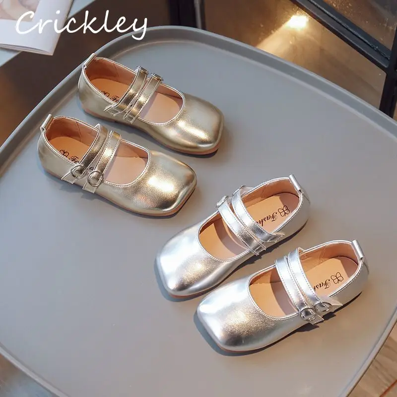 2023 Solid Children Flats Shoes Gold Silver PU Leather Soft Girls Ballet Flats Buckle Shallow Hook Loop Kids Princess Shoes