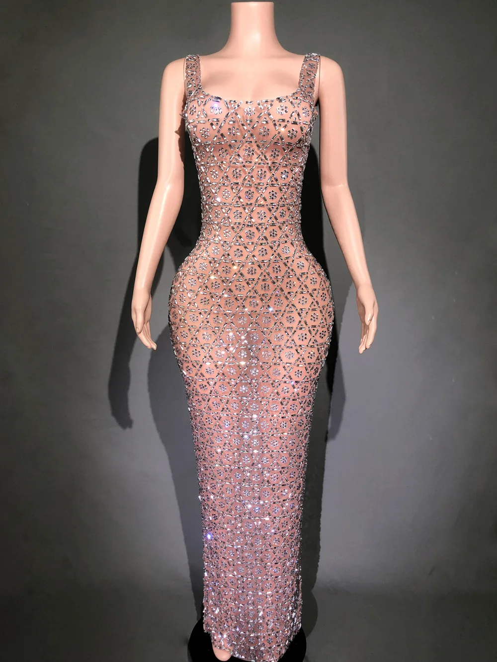 

Women Luxury Bright Crystal Mesh Dress Sparky Maxi Long Celebrity Evening Club Party One Piece Gala Gowns Glitter Stage Costumes