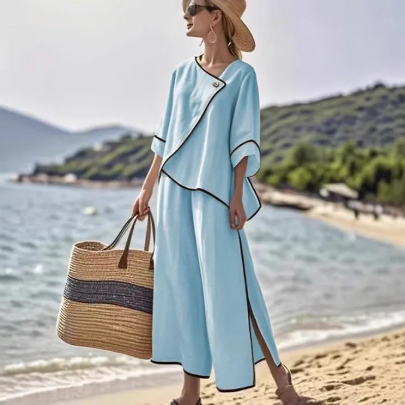 

Solid Color Casual Loose Pants Sets For Women 2026 Elegant Summer Women's Two Pieces Suit Full Trouser Set Female Outfit Clothes