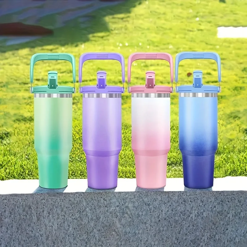 

40oz Stainless Steel Tumbler with Handle Straw Gradient Color, Double Walled for Hot and Cold Drinks for Travel, Hiking, Camping