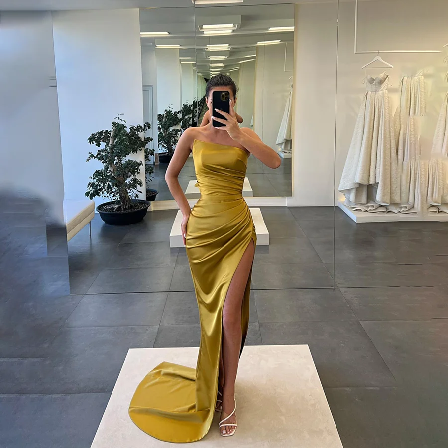 

Off-Shoulder Sleeveless Front Split Evening Dress Sheather Backless Zipper Floor Length Custom Made Prom Gowns