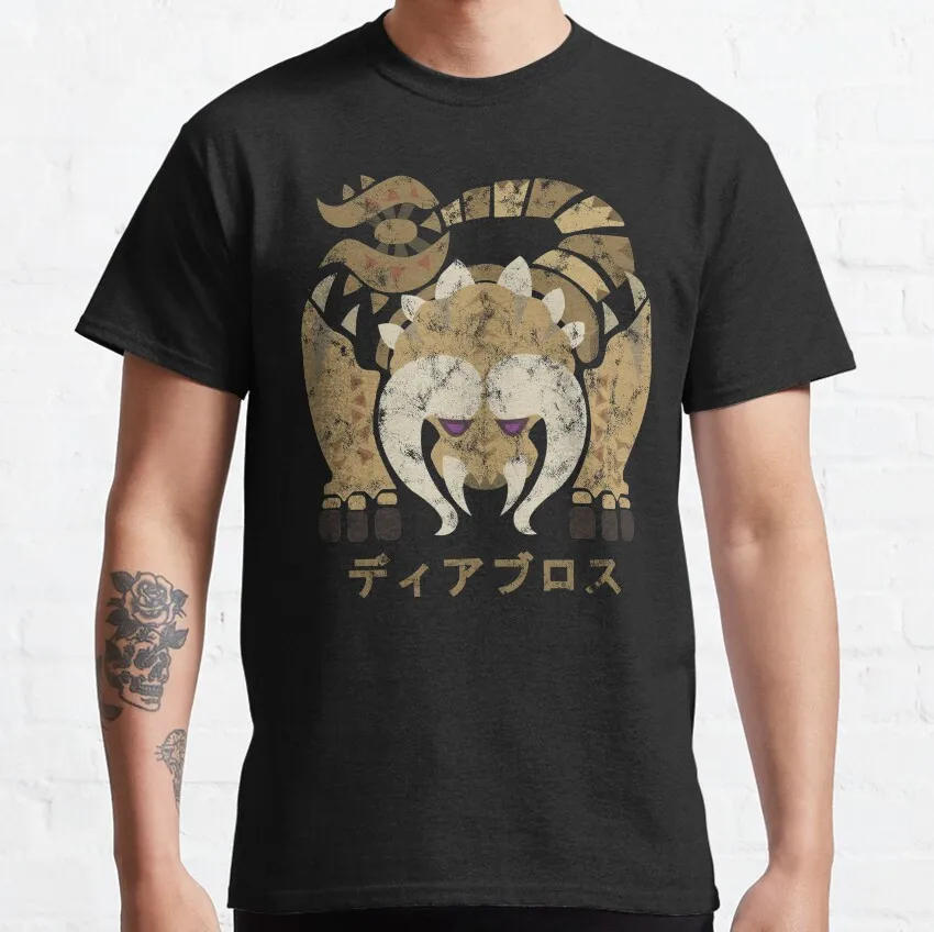 

Retro Monster hunter world Diablos Kanji gift t shirt for men Cartoon Video game MHW Graphic Tee Y2K Clothes All size tops