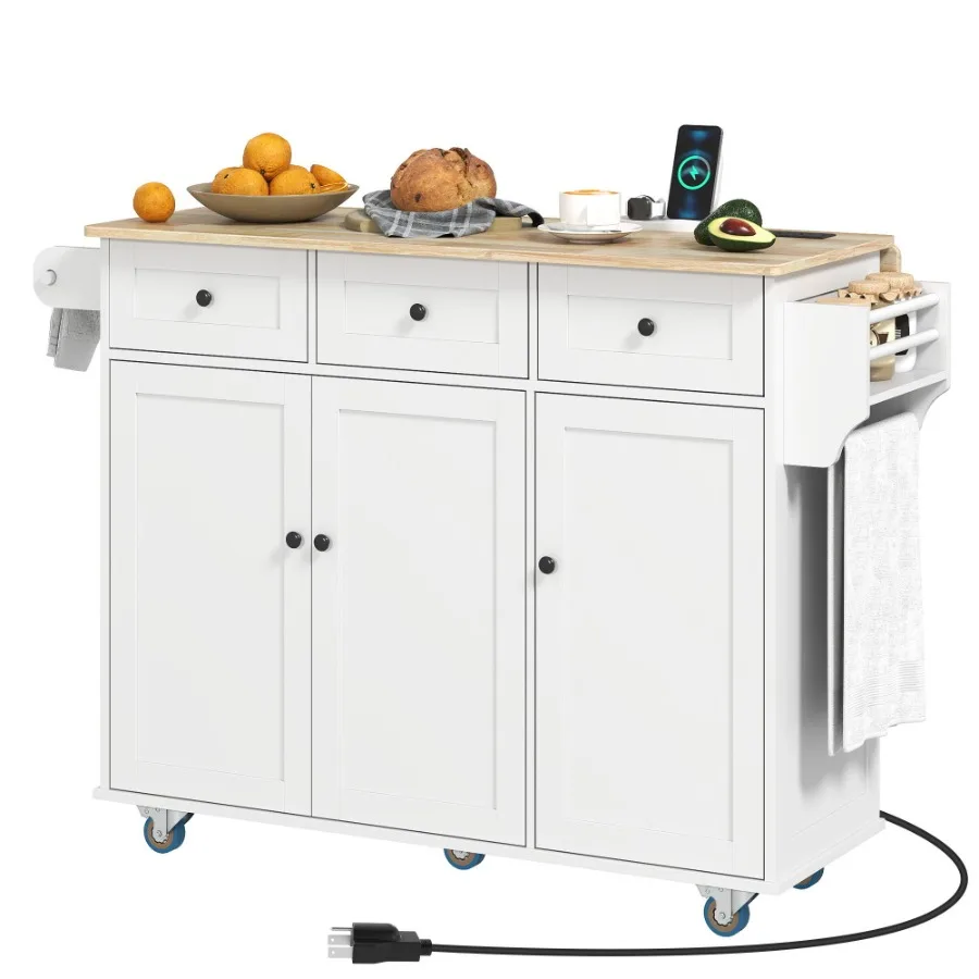 

HOMCOM Kitchen Island on Wheels with Drop Leaf Charging Station Rolling Kitchen Cart with Wood Top Adjustable Shelf White