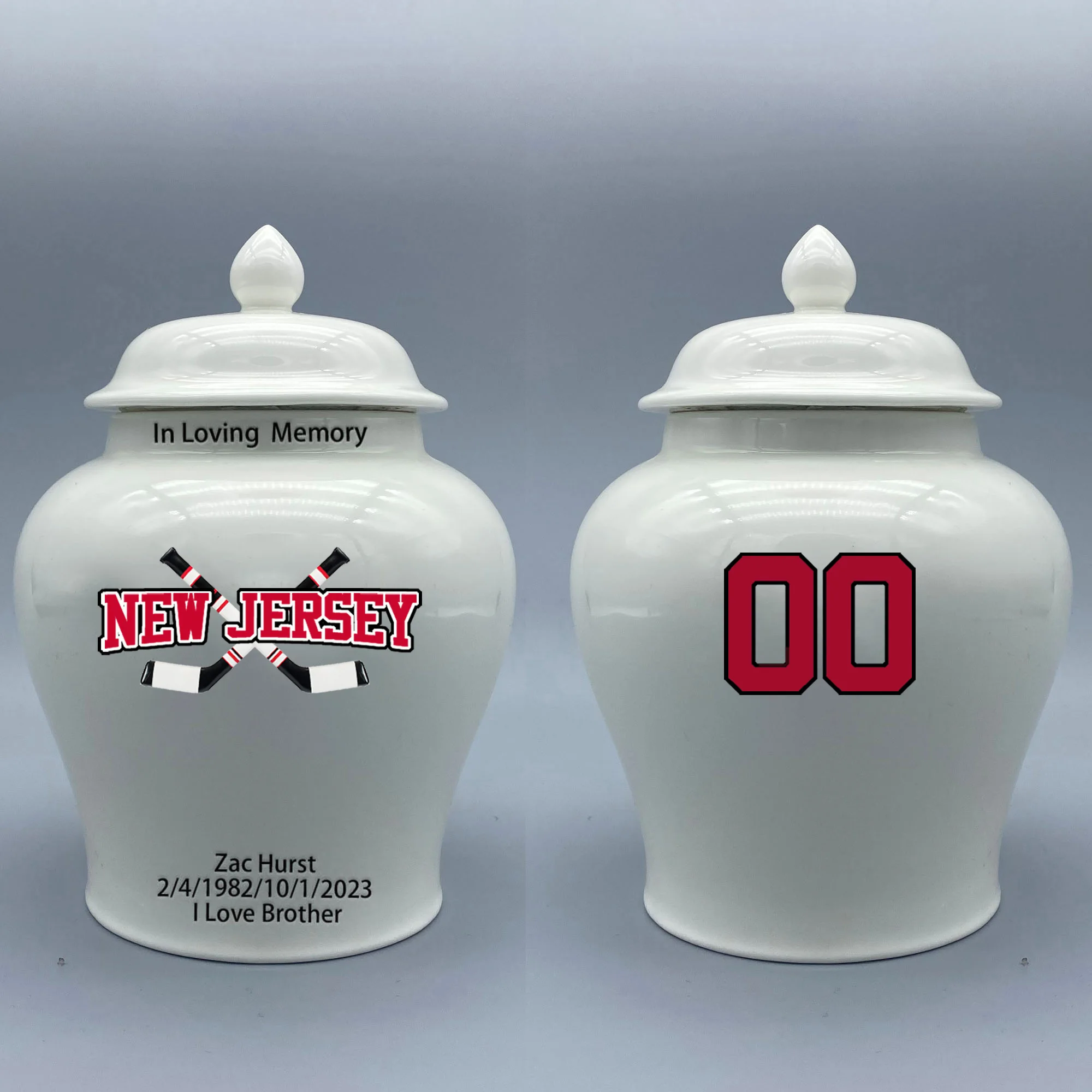 

Medium Urn for New Jersey Devils-themed Hockey Urn.Please send me the customize information-name/date and number on the urn