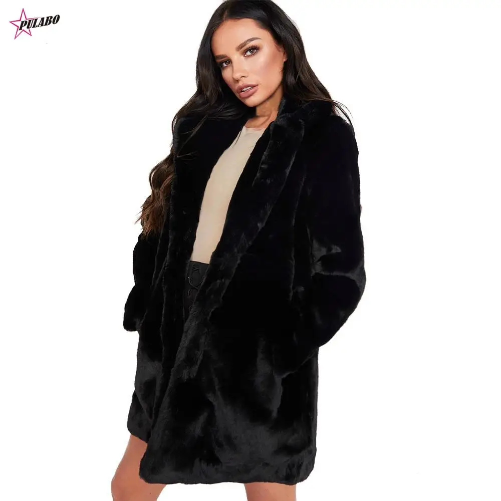 PULABO Thicken Faux Fur Coat Women Autumn Winter Warm Soft Loose Fleece Faux Jacket Lady Mid-length Lapels Plush Casual Overcoat