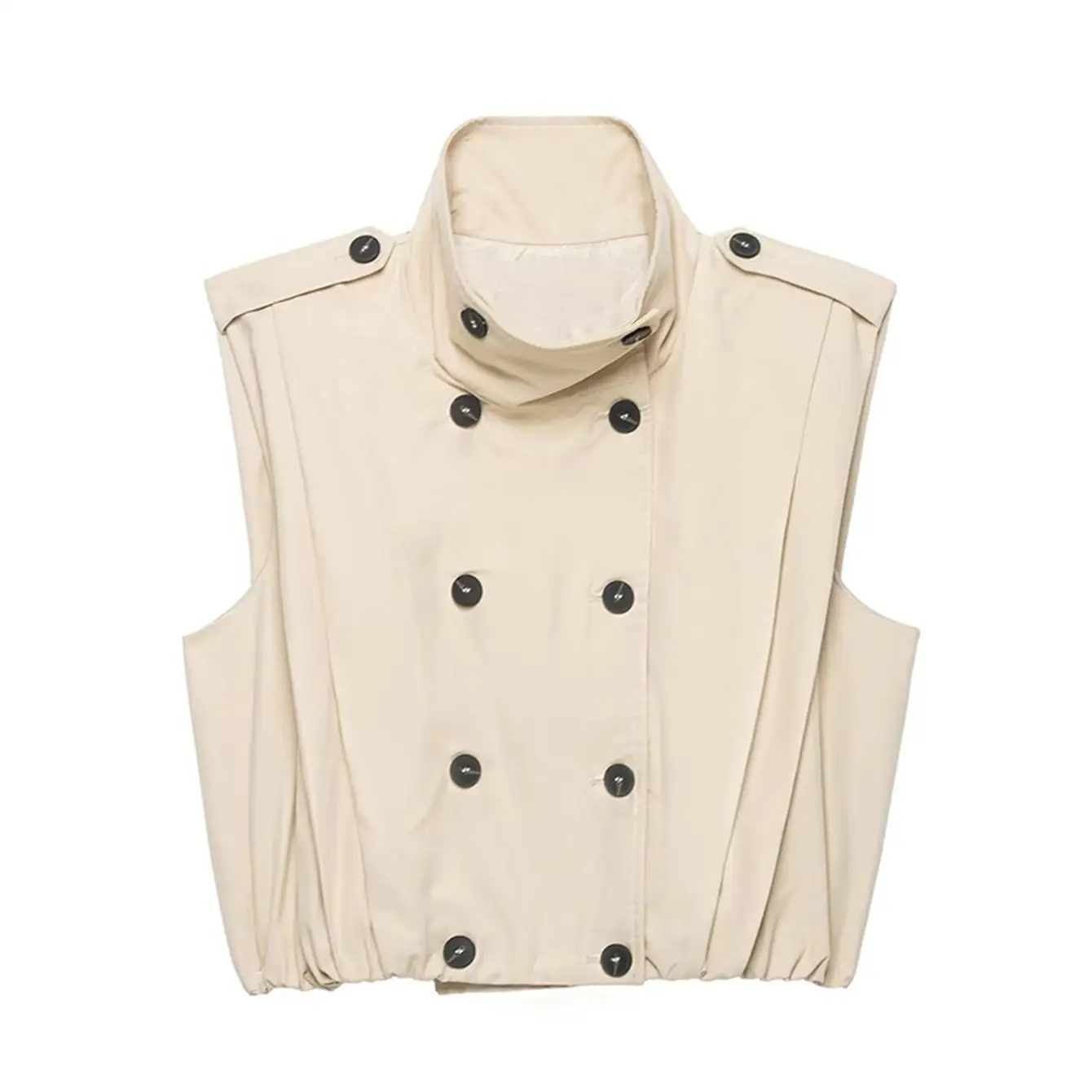 New Women's Waistcoats Stand Collar Epaulet Sleeveless Double Breasted Pleated Tank Top Fashion Female Vest Trench Coat