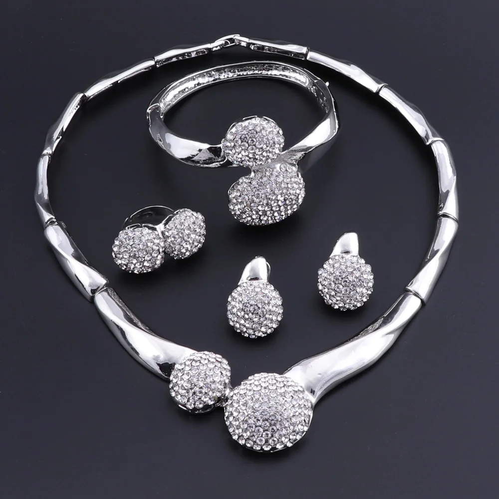 African Bridal Jewelry Sets Silver Color Women Wedding Party Jewelry Set Crystal Statement Choker Necklace Earrings Set