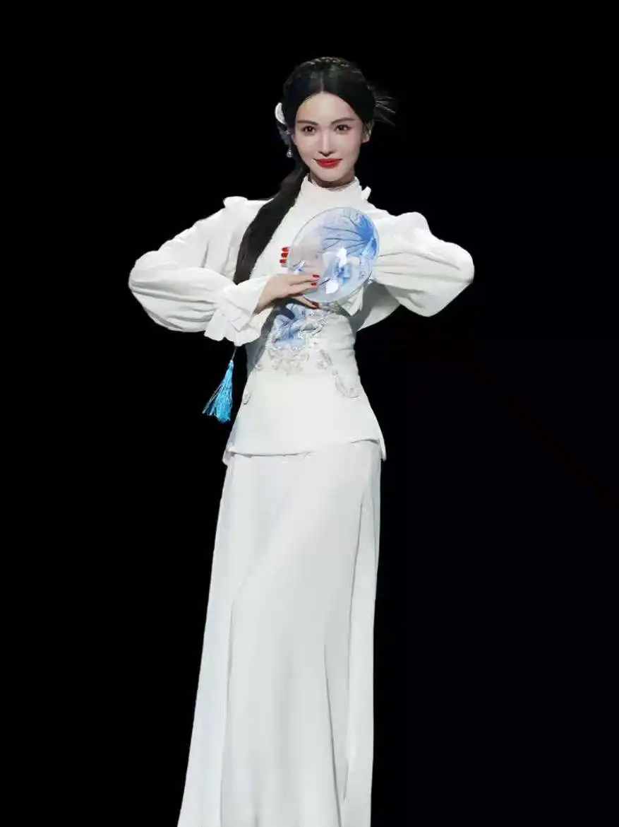Elegant Classical Dance Costume Women's Group Practice Outfit Porcelain Blue Performance Gown Chinese Traditional Ethnicwear
