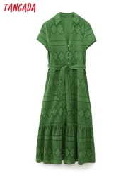 Tangada 2023 Summer Women Green Hollow Embroidery Dress With Slash Short Sleeve Female Vintage Midi Dress 6H410