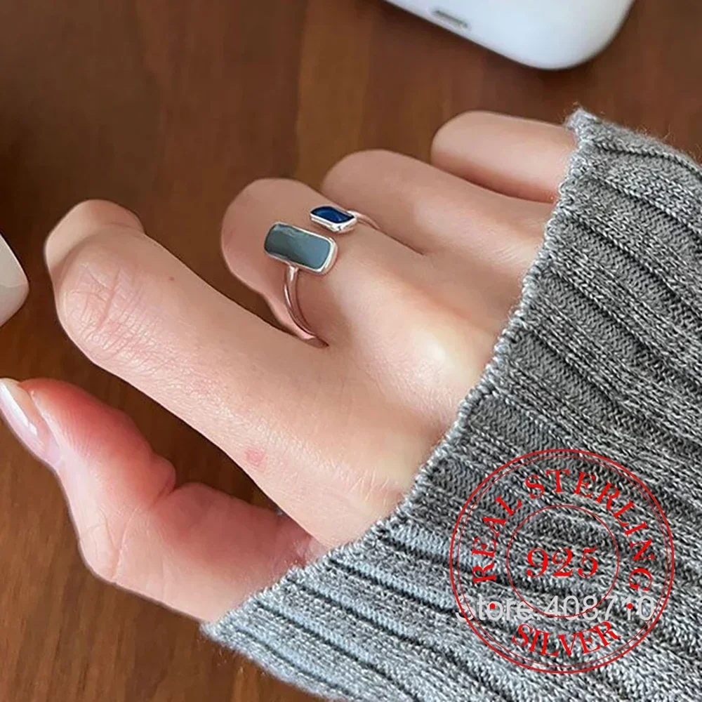 

100% Solid 925 Sterling Silver Blue Stone Rings For Women Simple Trendy Retro Anillos Party Gifts Accessories