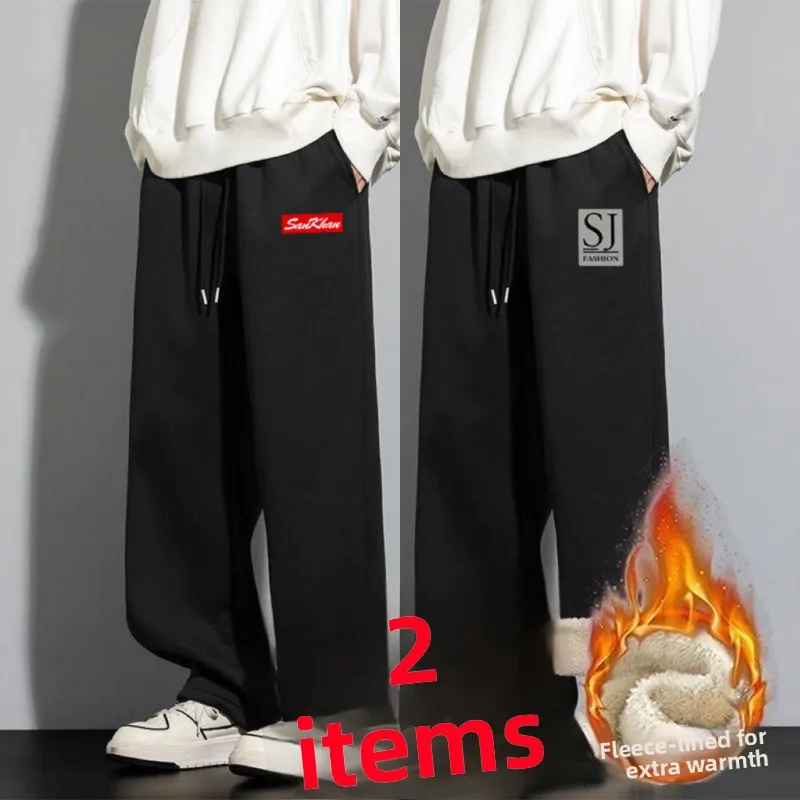 

Trendy Men's Fce Lined Straight Leg Casual Pants Warm Slimming Large Size Autumn Winter New Sle eepskin Velvet Pants