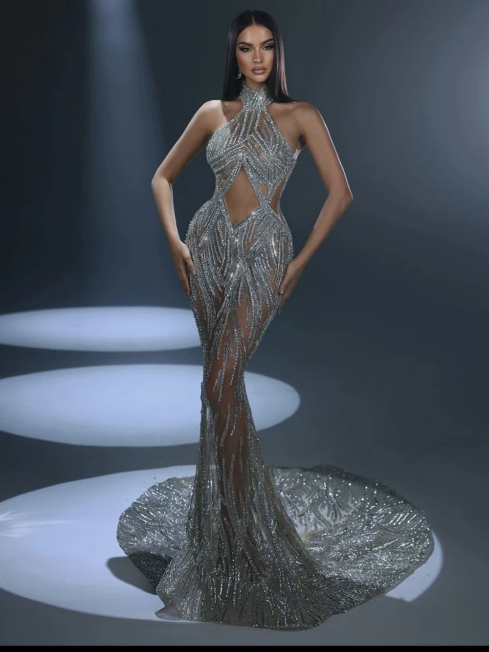 2025 Luxury Illusion Mermaid Long Prom Gown Sexy Halter Cocktail Dresses Glitter Beads Evening Dress Customized Robe De Mariée