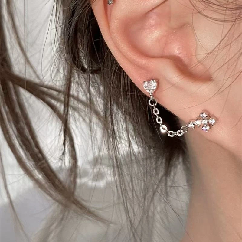 1PC Silver Color Cross Double Ear Hole Chain Tassel Ear Bone Nail  Bling Zircon Inoxidable Stainless Steel Earrings Jewelry Gift