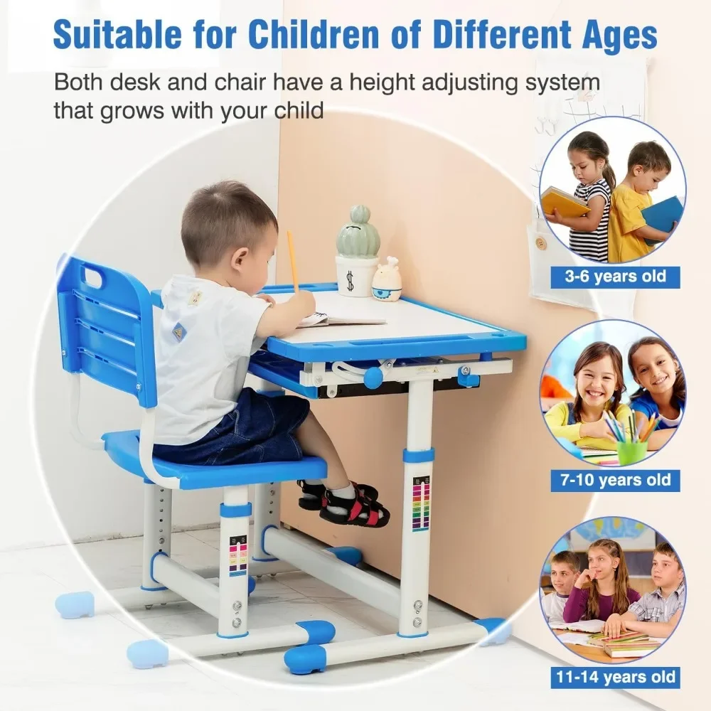 Children's desk and chair set, height adjustable children's learning desk with drawer storage space