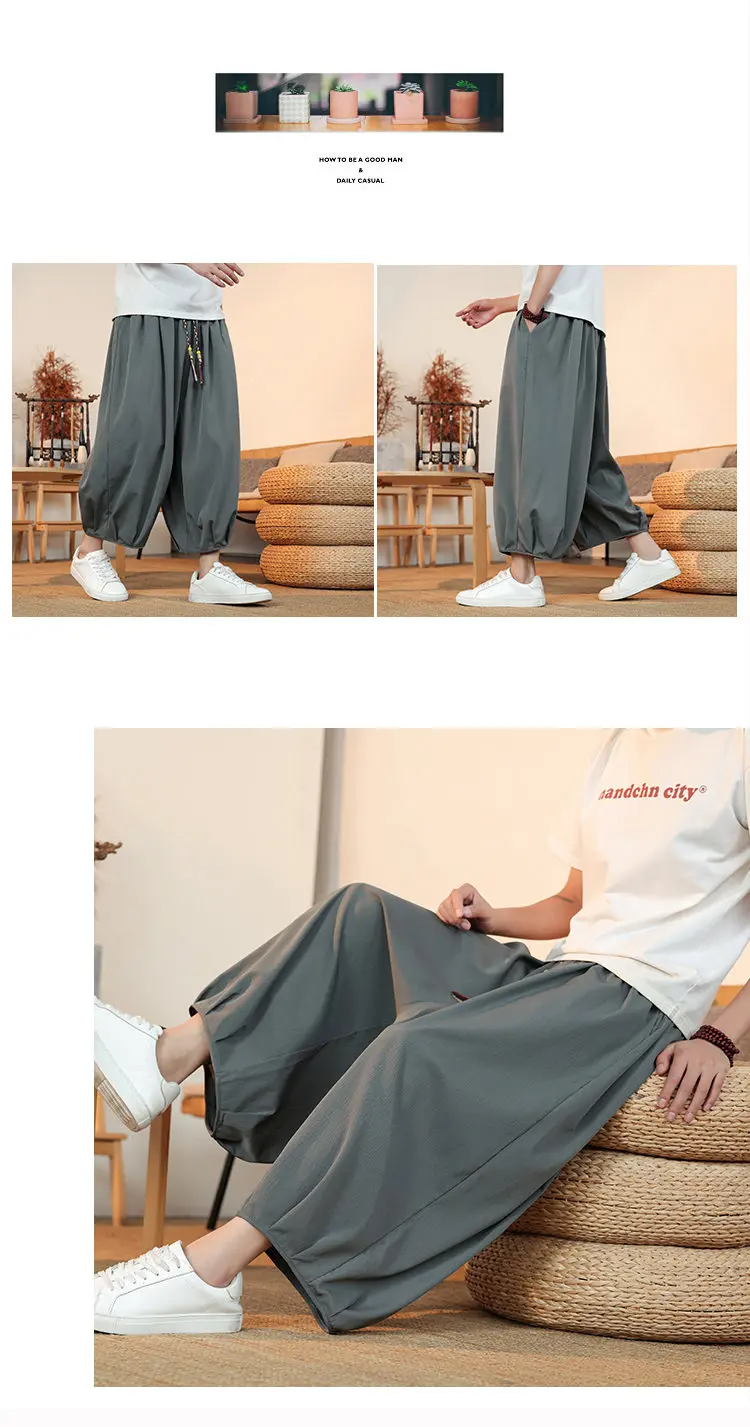 Sommerliche, atmungsaktive Sweatshirt-Hose für Herren, Eisseide, Leinenimitat, lockere, lässige, coole, kurze Hose im chinesischen Stil – Detail 10