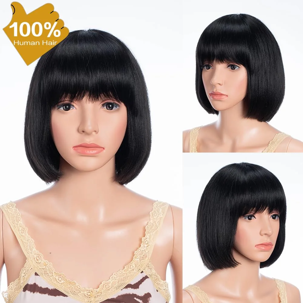 Parrucca per capelli umani Bob con frangia per donne nere Capelli corti lisci Parrucche Bob corte fatte a macchina da 8 pollici nere naturali senza colla