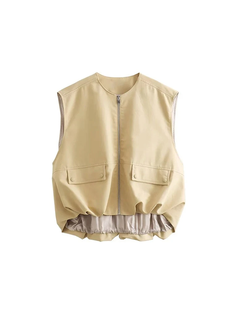 

Women's Fashionable Waist-Defining Sleeveless Vest Round-Neck Casual Vest Zipper Front Placket Khaki Vest Commuter Jacket