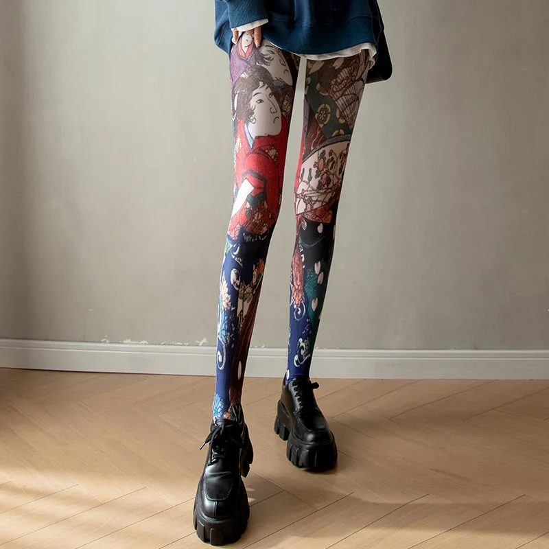 Individualistic Japanese-style Painting Tights Woman Colorful Medias Socks Transparent Thin Y2K Pantyhose Party Club Stockings.