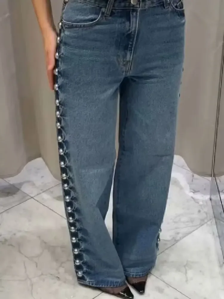 HH Street Fashion Straight With Metal Rivets High Waist Loose Wide-leg Jeans For Women Autumn Versatile Pants Vintage Bottom