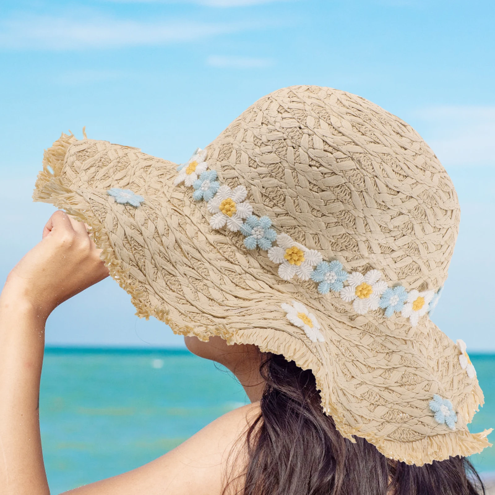 

Women'S Wide Brim Straw Handwoven Floral For Lightweight Breathable Woven Beach Outdoor Use Large Brim Sun Hat Women