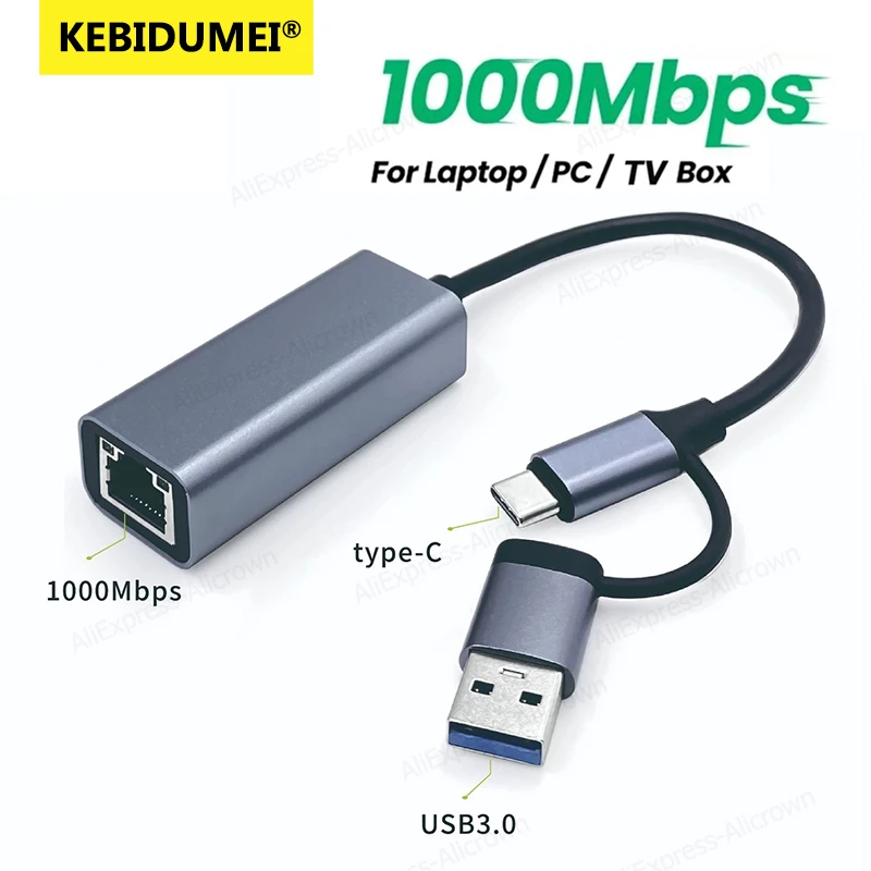 

﻿ KEBIDUMEI 1000 Мбит/с проводной Ethernet-адаптер 1G USB 3.0 Type-C на RJ45, сетевая карта, гигабитный Ethernet-адаптер, LAN-хаб для ПК