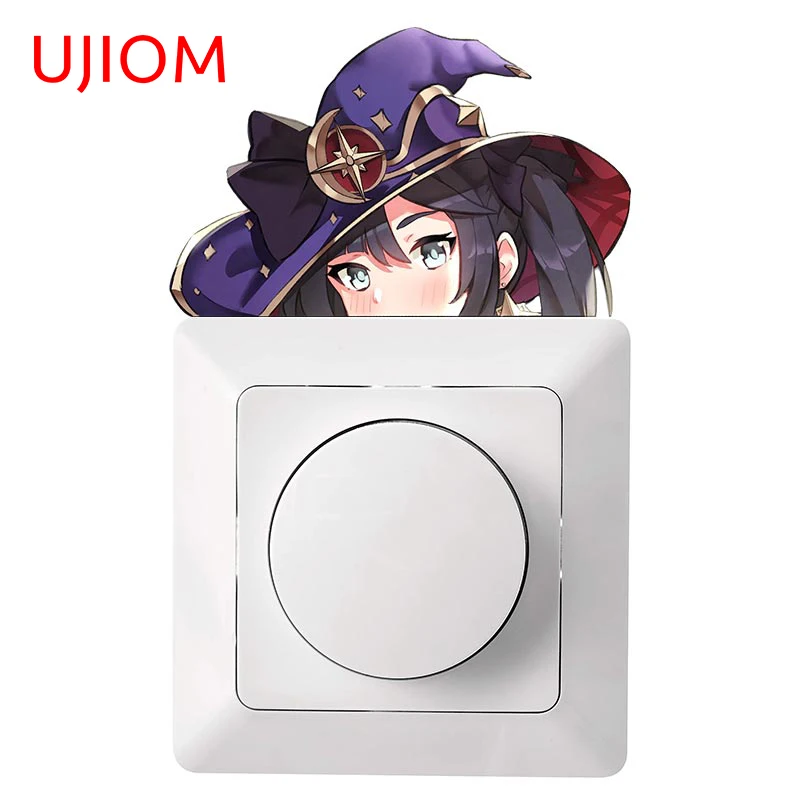 UJIOM 13cm X 9.6cm Genshin Impact Mona Wall Peeking Sticker Waterproof Scratch Resistant Decal Bedroom Swtich Door Decoration