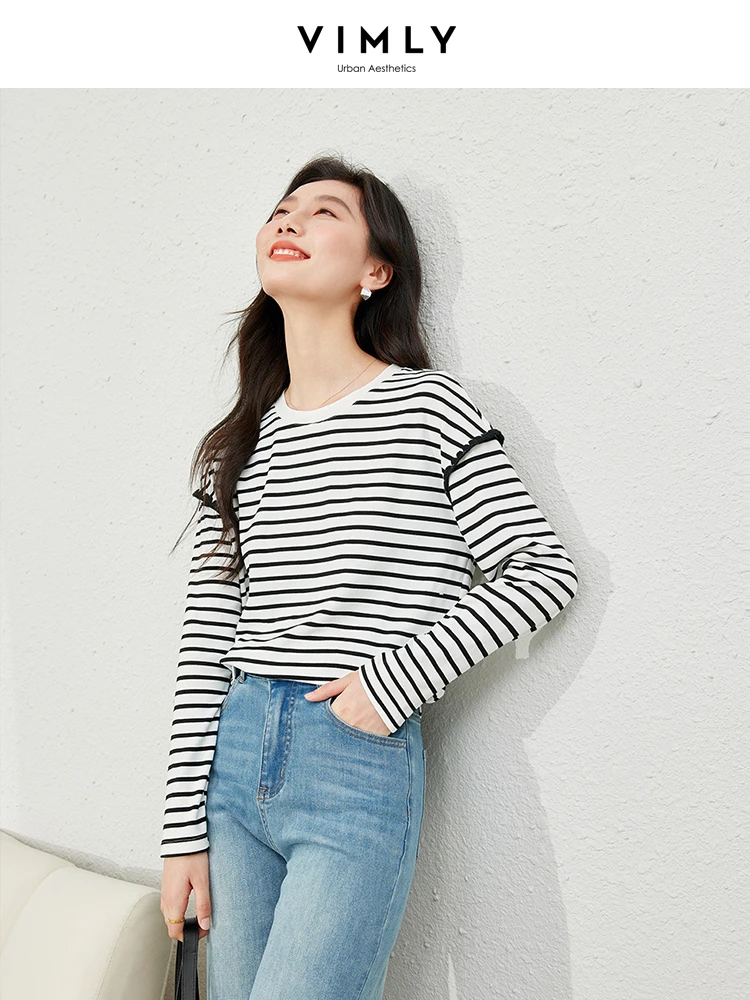 Vimly Women\'s Casual Fashion T-shirt 2024 Spring Black White Striped O-neck Long Sleeve Top Basic Tees Female Clothing M6750