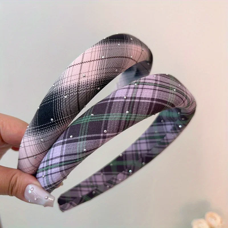 

Checkered Headband with Rhinestones High Crown Design Elegant for Women Office Party Banquet Hair Accessories Headband