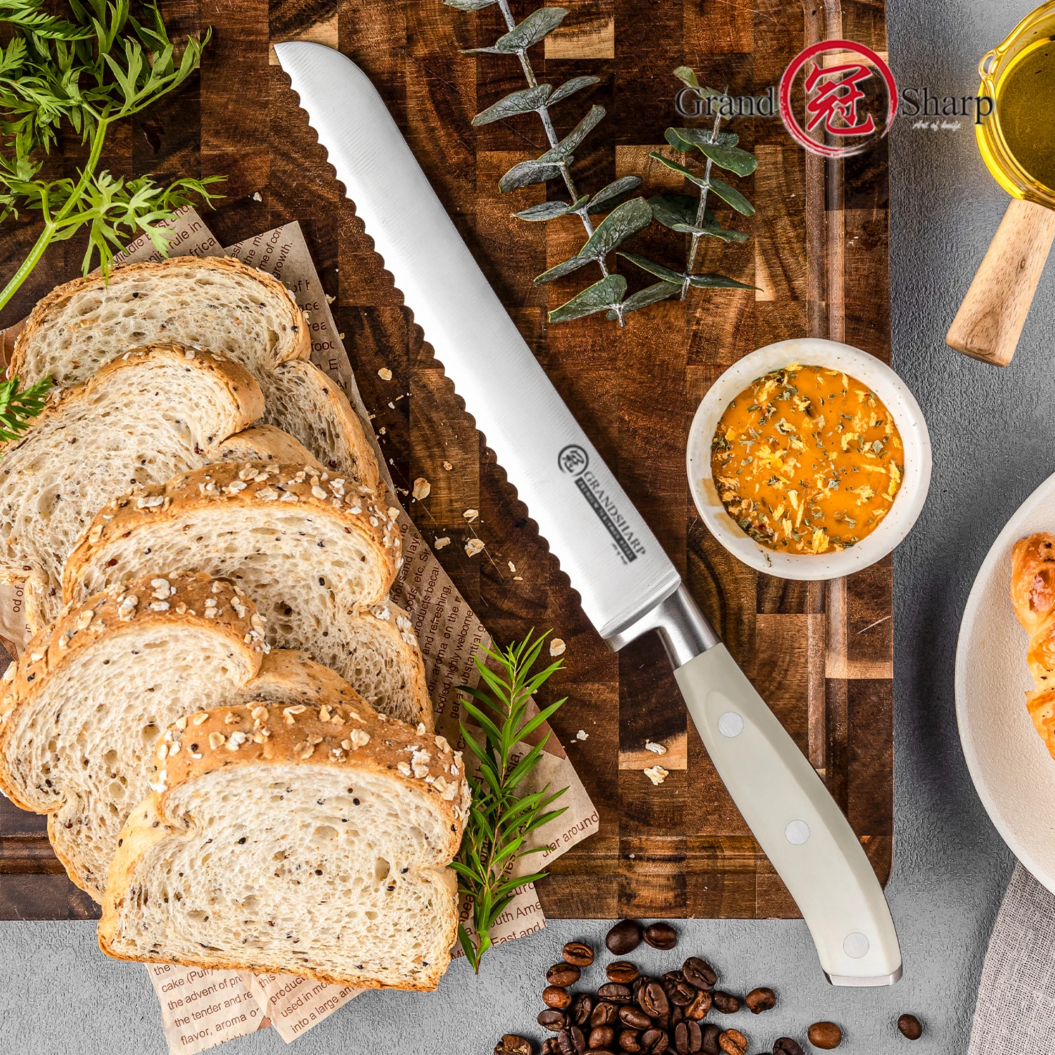 Grandsharp 8-дюймовый нож для хлеба 7Cr18Mov, зубчатое лезвие из нержавеющей стали, белая ручка из АБС-пластика, нарезка торта, кондитерских изделий, кухонный инструмент шеф-повара