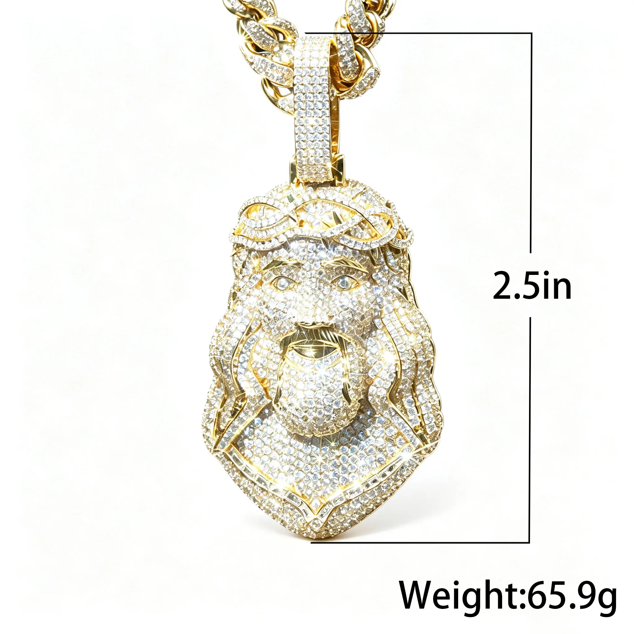 Iced Out Jesus Face Pendant Necklace, Men Hip Hop Full Micro Paved VVS CZ Diamond Jesus Head Charm with Crown of Thorns, Gold Plated Iced Cuban Link Chain, Rapper Bling Statement Jewelry for Party Club Gift