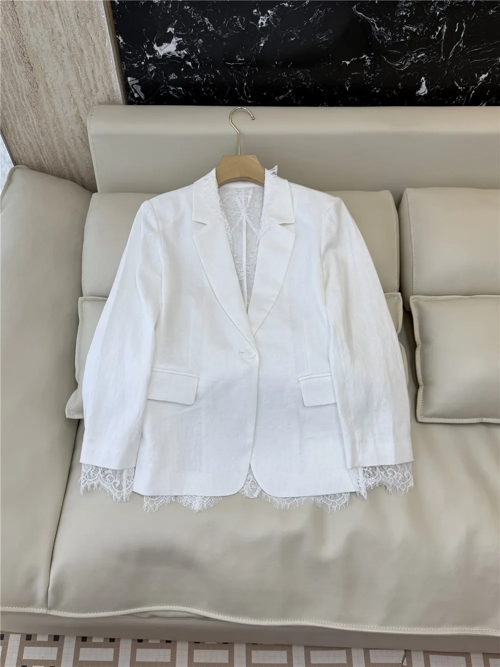 

100% Linen SingleButton Lace Trim Blazer Coat