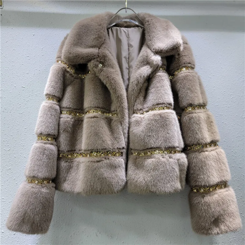 WTHT delle Nuove Donne di Modo A Righe Diamanti Cappotto di Pelliccia Finta 2024 di Inverno Alla Moda Risvolto Maniche Lunghe Giacca Calda Femminile 1LS503