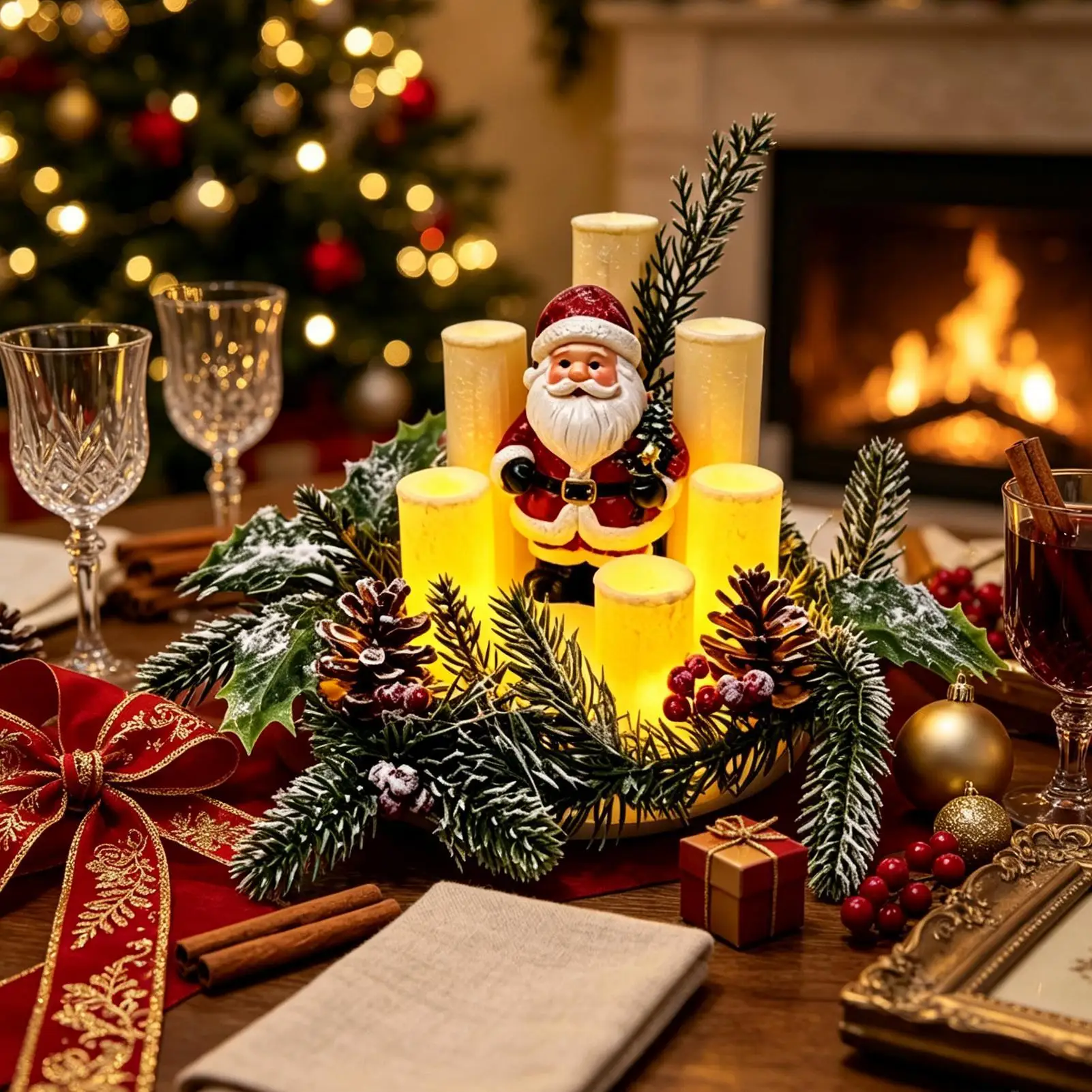 Faux Holiday Candles Funny Santa Claus with Red Berries Home Decor Flameless Candles Christmas Decorations for Bedroom Living