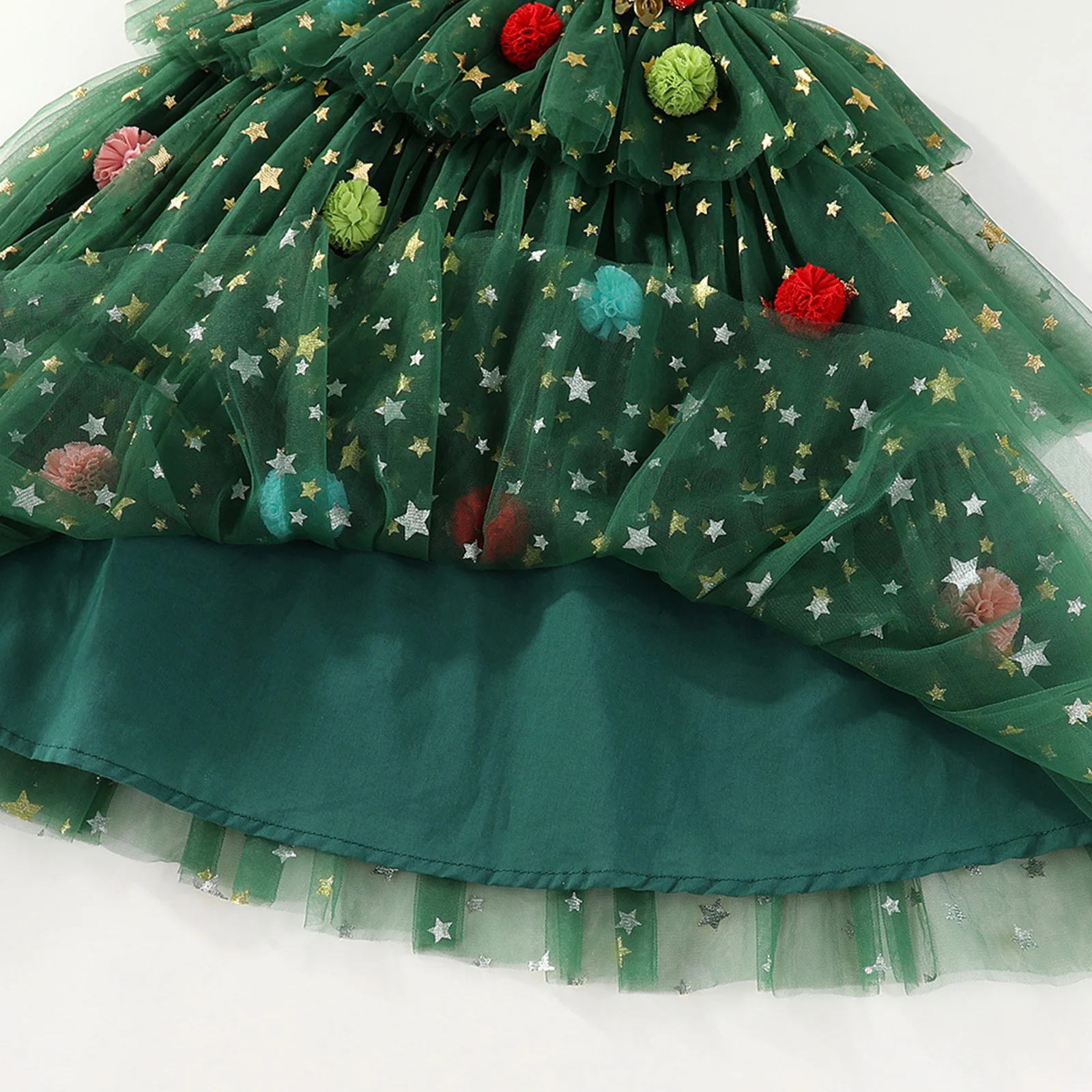 Baby Girl Christmas Tree Elements Costume Flower Glitter Star Christmas Bells Decoration Spaghetti Strap Mesh Patchwork Dress