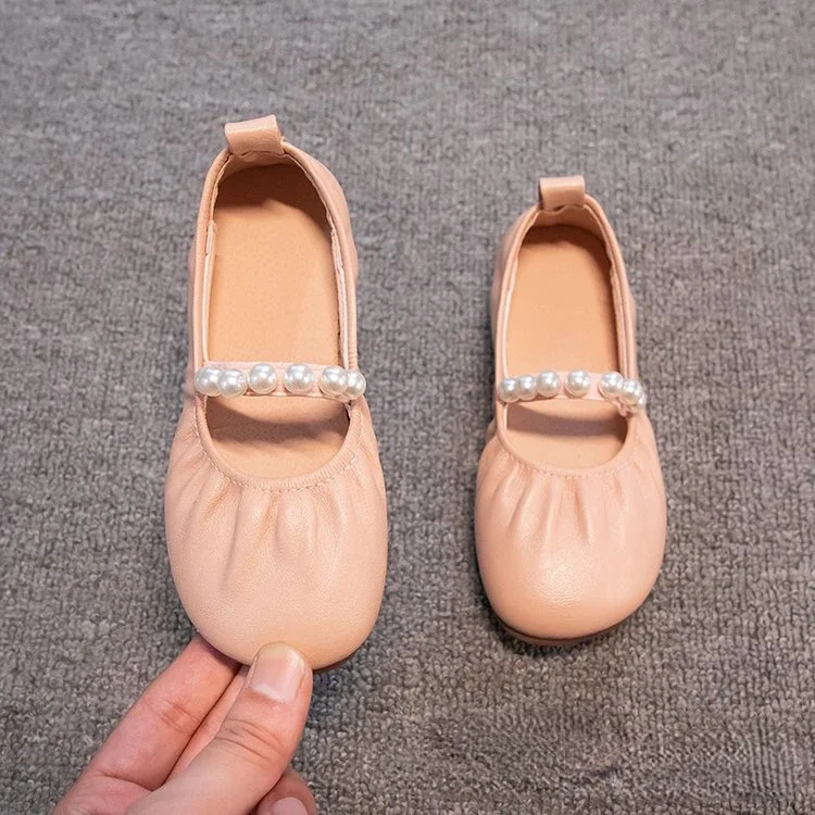 Girls Casual Flats Kids Simple Pearl Leather Shoes with Pleats for Party Wedding Children Princess Shoes Elegant Temperament