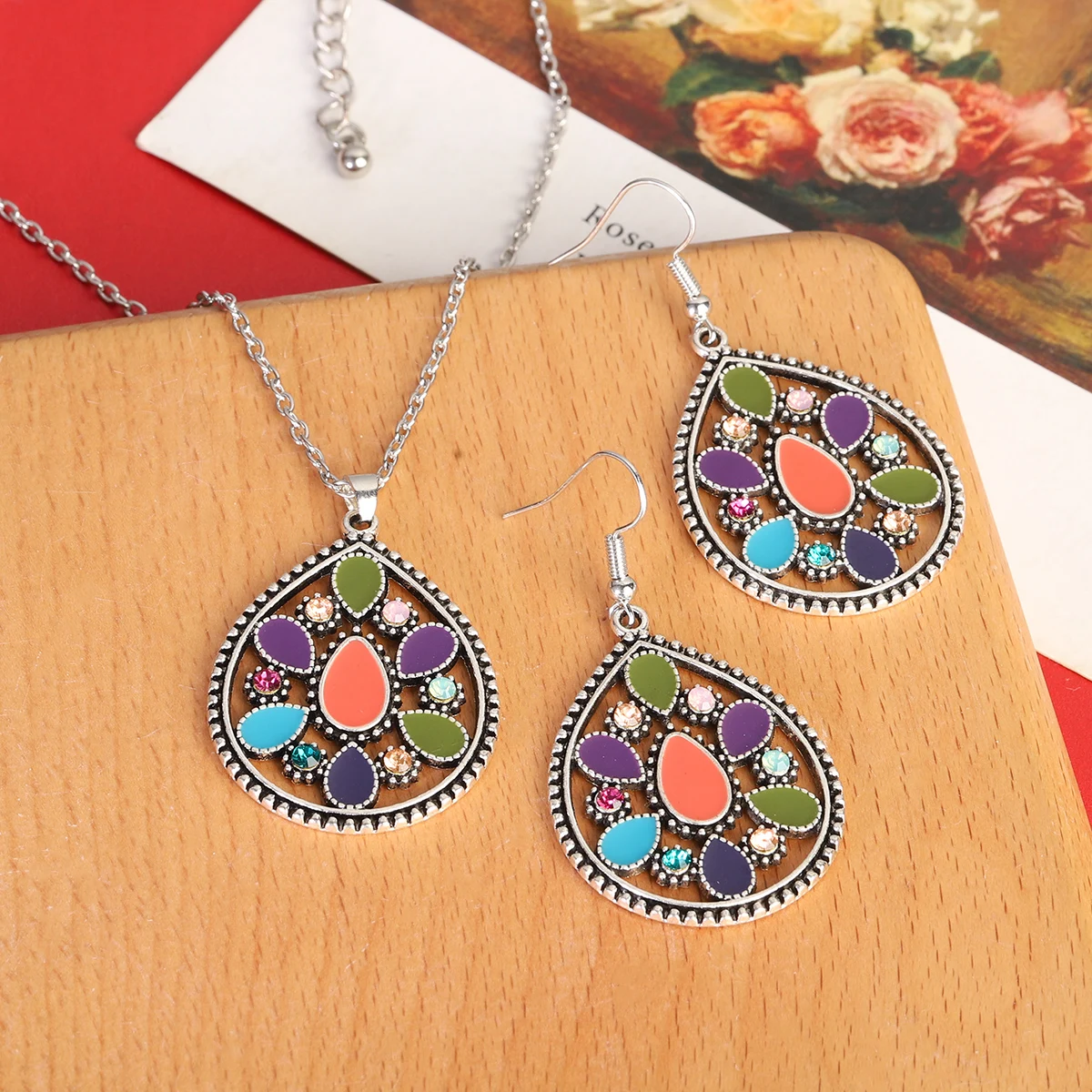 Boho Hollow Geometric Water Drop Jewelry Set for Women Colorful Beads Flower Earring/Necklace Sets Vintage Wedding Party Jewelry