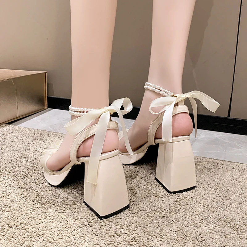 Fairy Style Fashion Square Toe Lace String Bead Party Wedding High Heels Elegant Pearl Sandals Women Summer Mid Heel Ladies Shoe