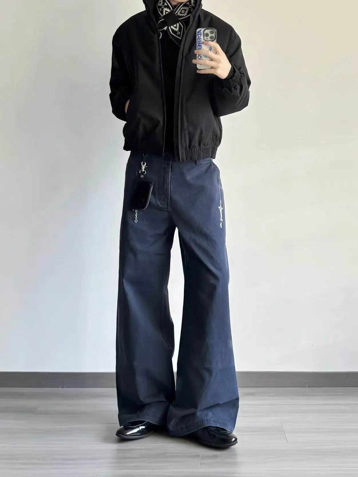 Americal High Street Sword Embroidery  Hair Pocket Aged Destruction Design Work Blue Wide Leg Straight Commuter Jeans