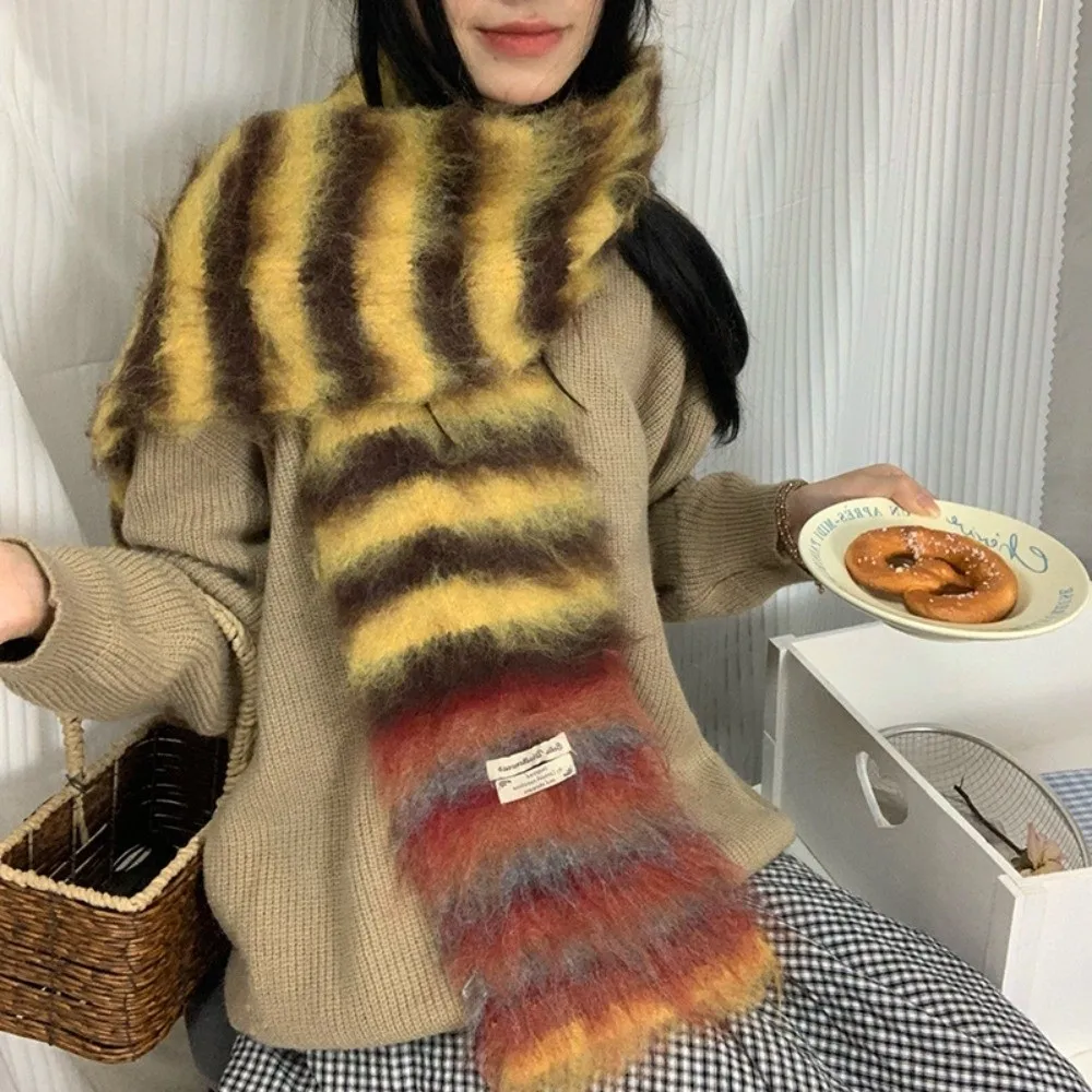 

Новый полосатый зимний кашемировый шарф, мягкие теплые шерстяные шарфы, радужный цвет, мохеровая утолщенная шаль, женская накидка