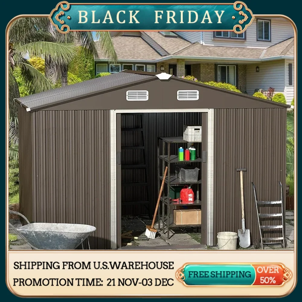 10 foot x 8 foot outdoor metal storage shed with lockable sliding doors and ventilation, designed for small houses in courtyards