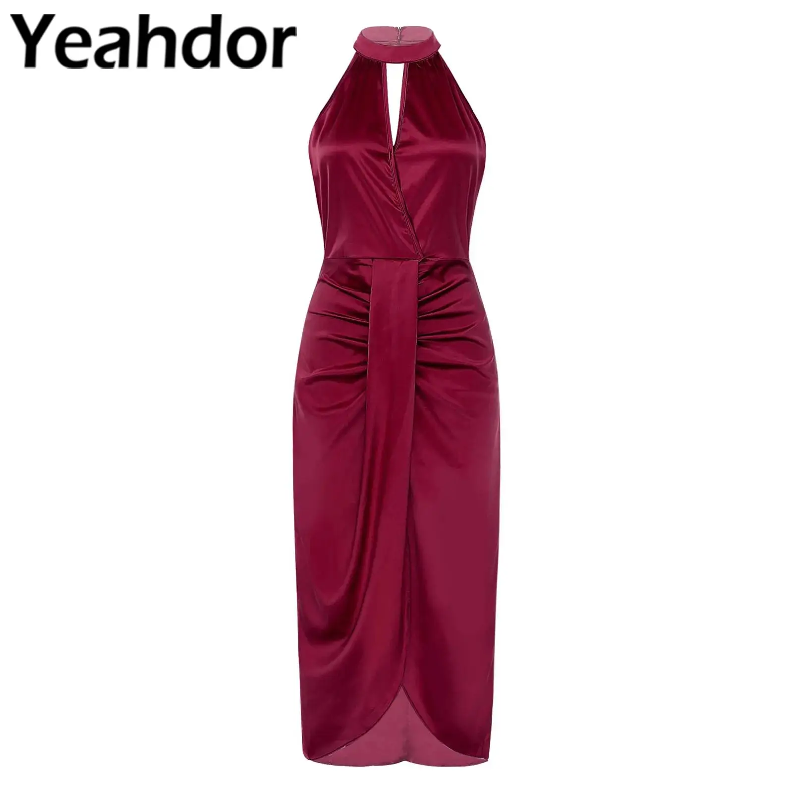 

Elegant Dress For Womens Halter Sleeveless Split Midi Dresses Femme Vestido Dress for Cocktail Banquet Evenings Party Gown