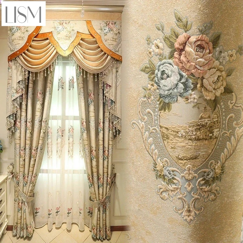 

European Luxury Relief Jacquard Curtains for Living Room Bedroom Window Blackout Luxury Embroidered Tulle Custom Lace Valance