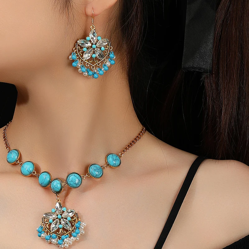 Vintage Turquoise  Jewelry Sets for Women Accessories Pearl Antique Gold Color Necklace and Earrings Set Party Gift